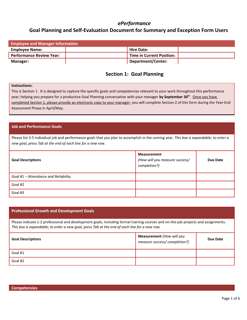 Goal Planning and Self-Evaluation Document for Summary and Exception Form Users