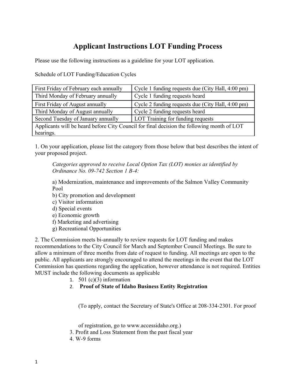 Applicant Instructions LOT Funding Process