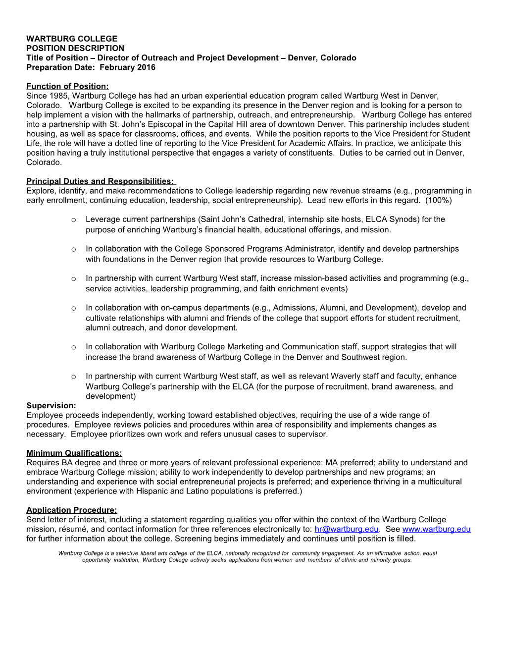Title of Position Director of Outreach and Project Development Denver, Colorado