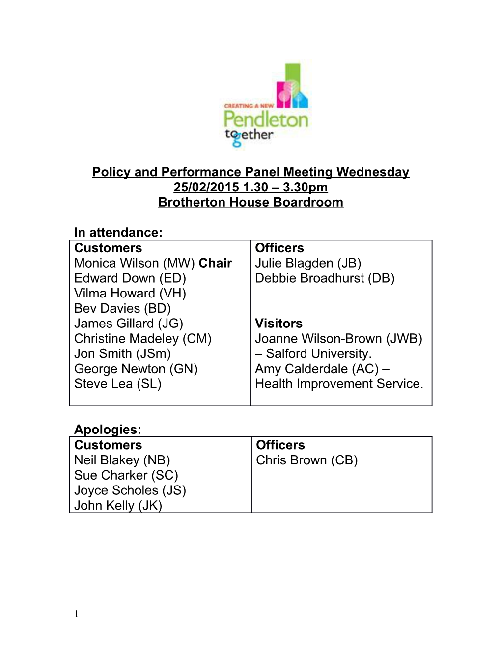 Policy and Performance Panel Meeting Wednesday 25/02/2015 1.30 3.30Pm
