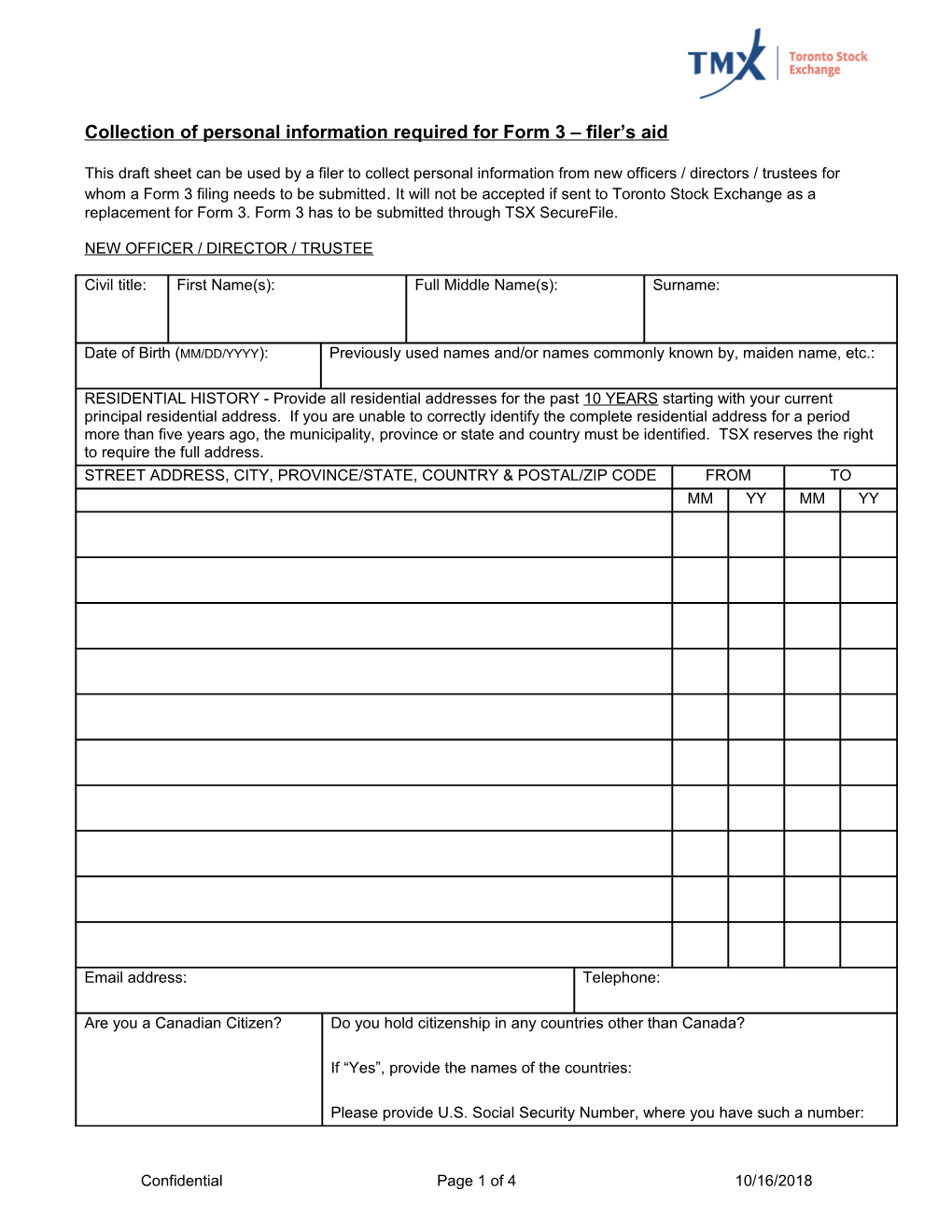 Collection of Personal Information Required for Form 3 Filer S Aid