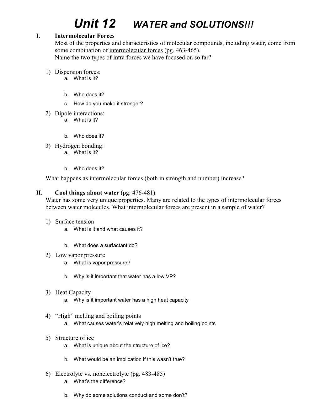 Unit 12 WATER and SOLUTIONS