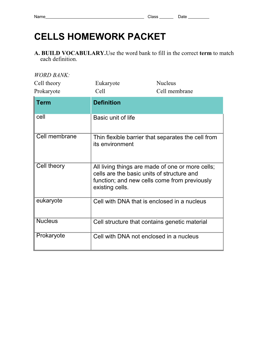 Cells Homework Packet