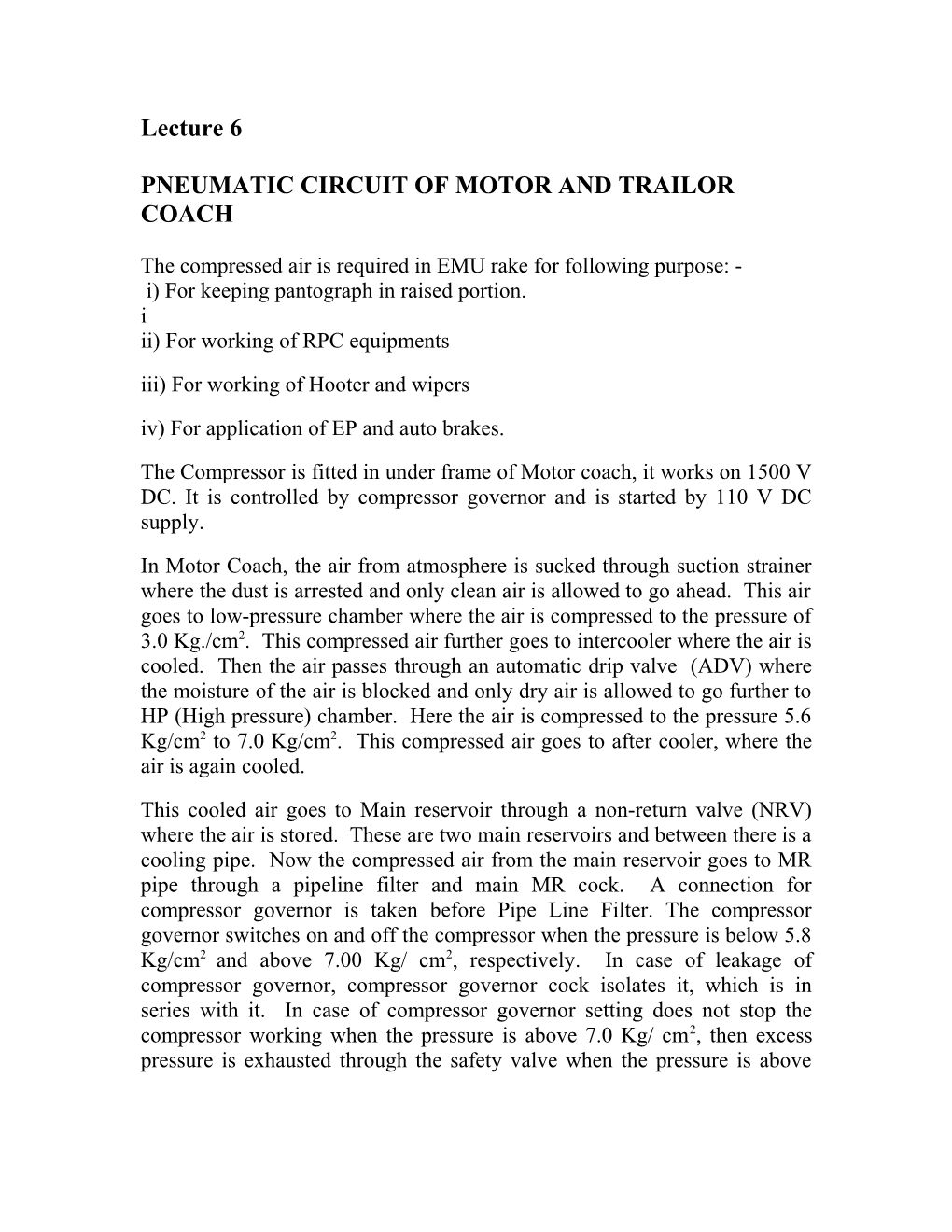 Pneumatic Circuit of Motor and Trailor Coach