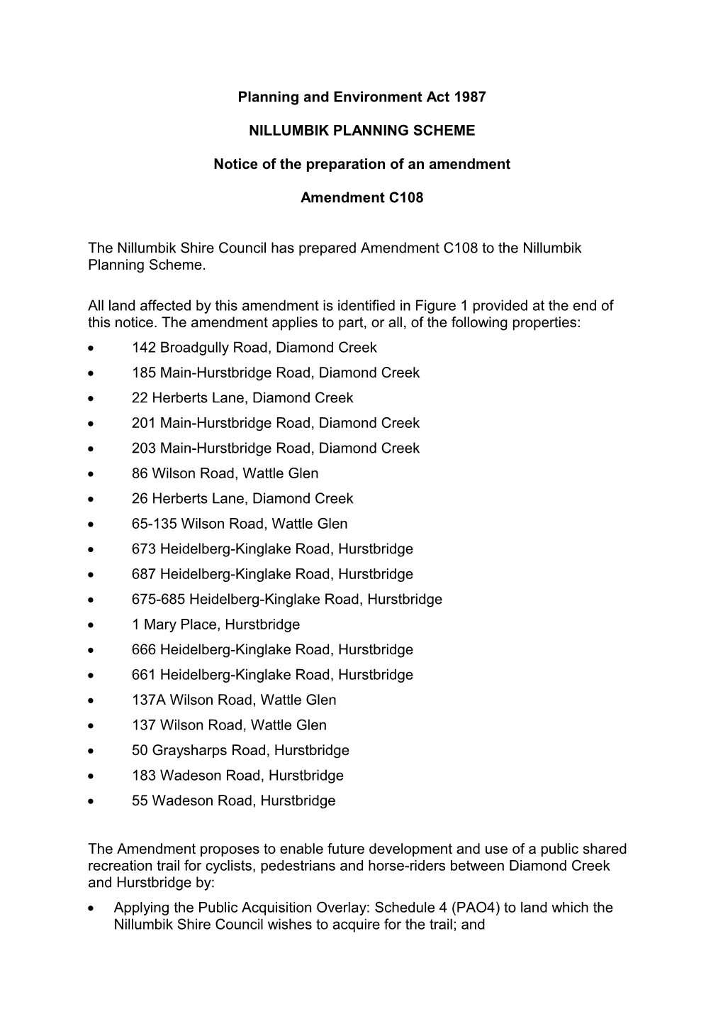 Nillumbik C108 Exhibition Document Notice of Preparation of Amendment