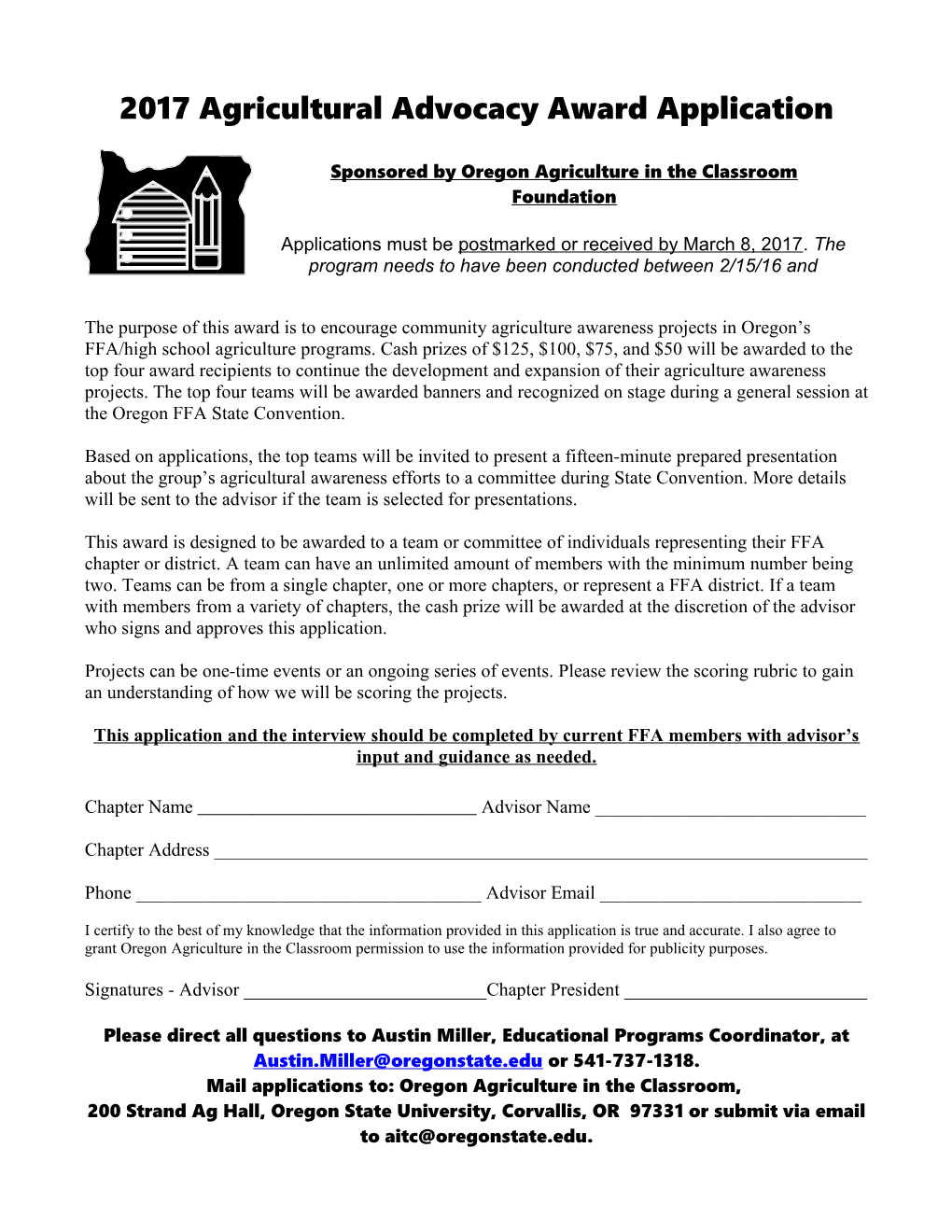 Oregon FFA Youth Agriculture Awareness Award Application