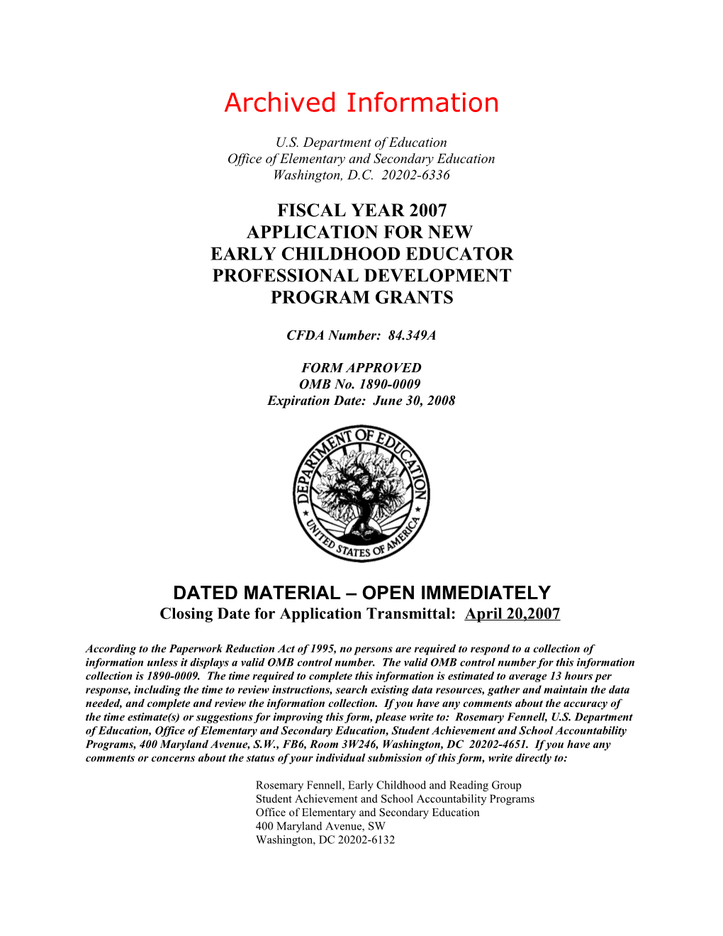 Archived: FY 2007 Application for Early Childhood Educator Professional Development Program