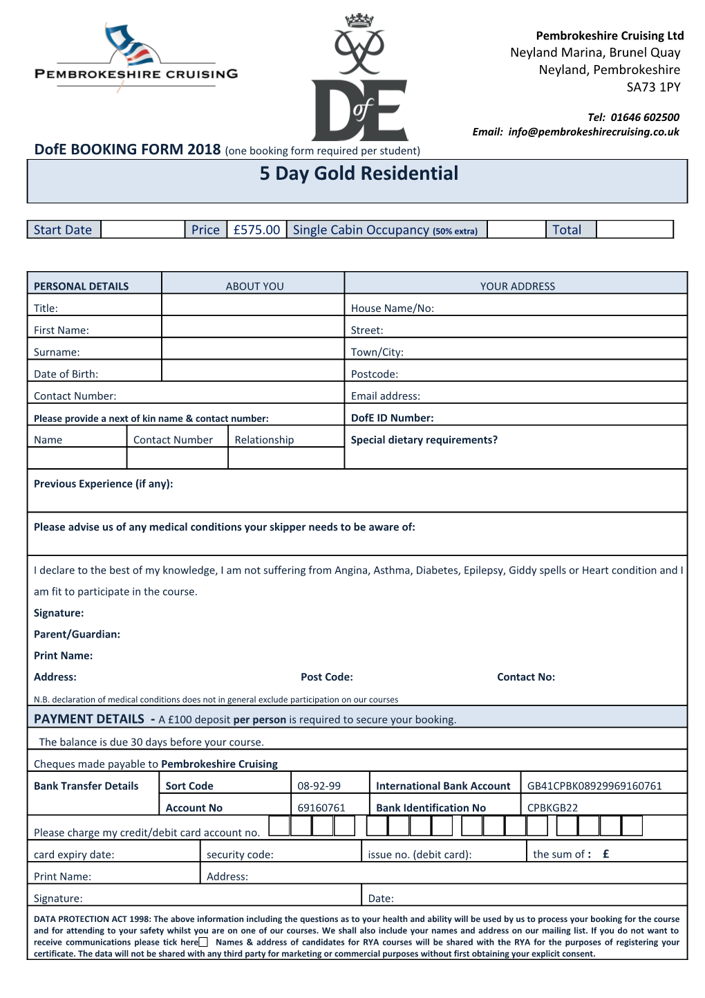 Dofebooking FORM 2018(One Booking Form Required Per Student)