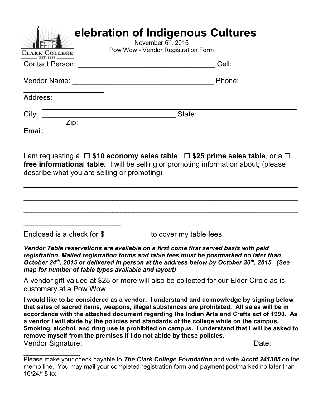 Powwow - Vendor Registration Form
