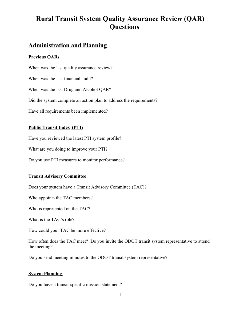 Rural Transit System Quality Assurance Review (QAR) Questions