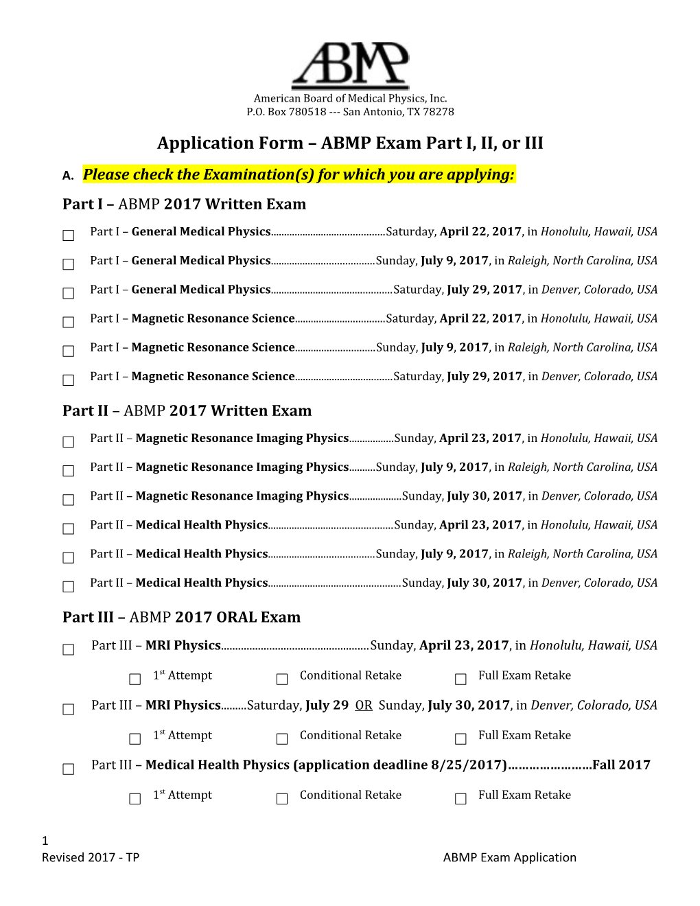 Application Form ABMP Exam Part I, II, Or III