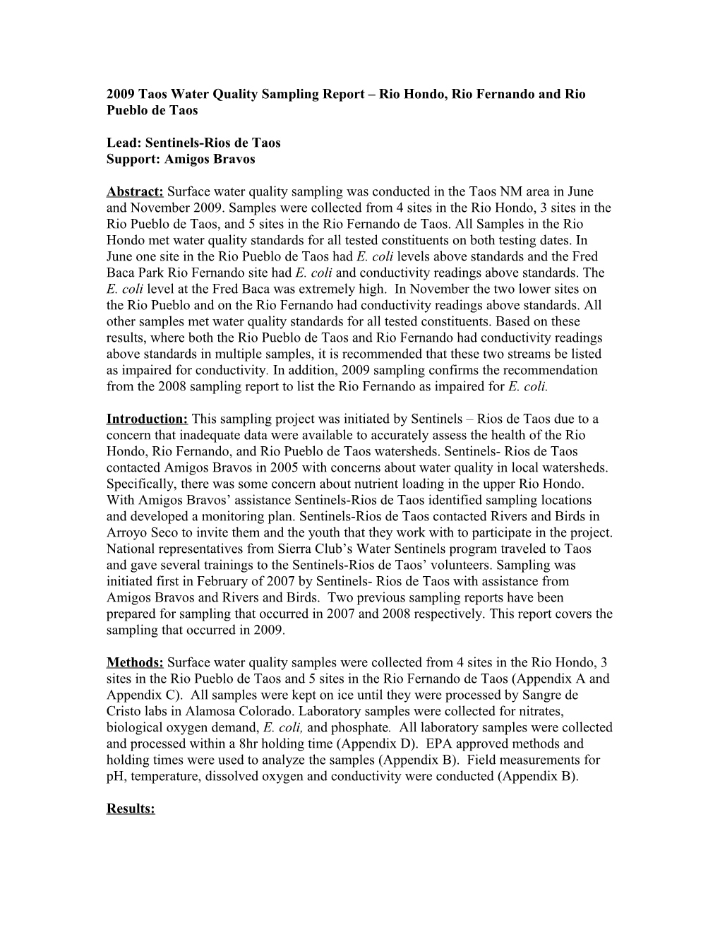 2007 Taos Water Quality Sampling Report Rio Hondo, Rio Fernado and Rio Pueblo De Taos