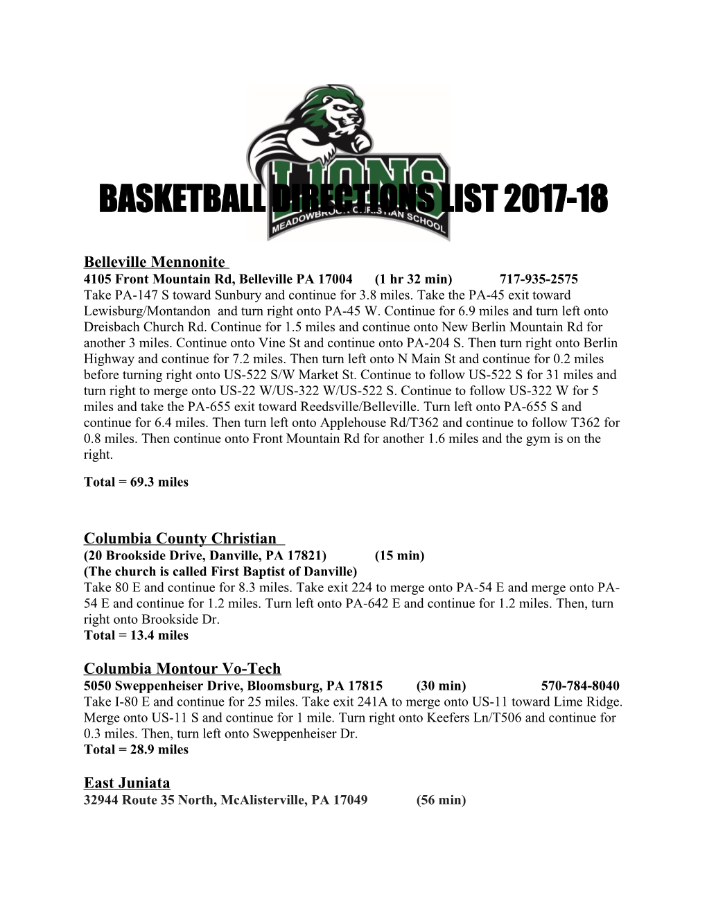 Basketball Directions List2017-18