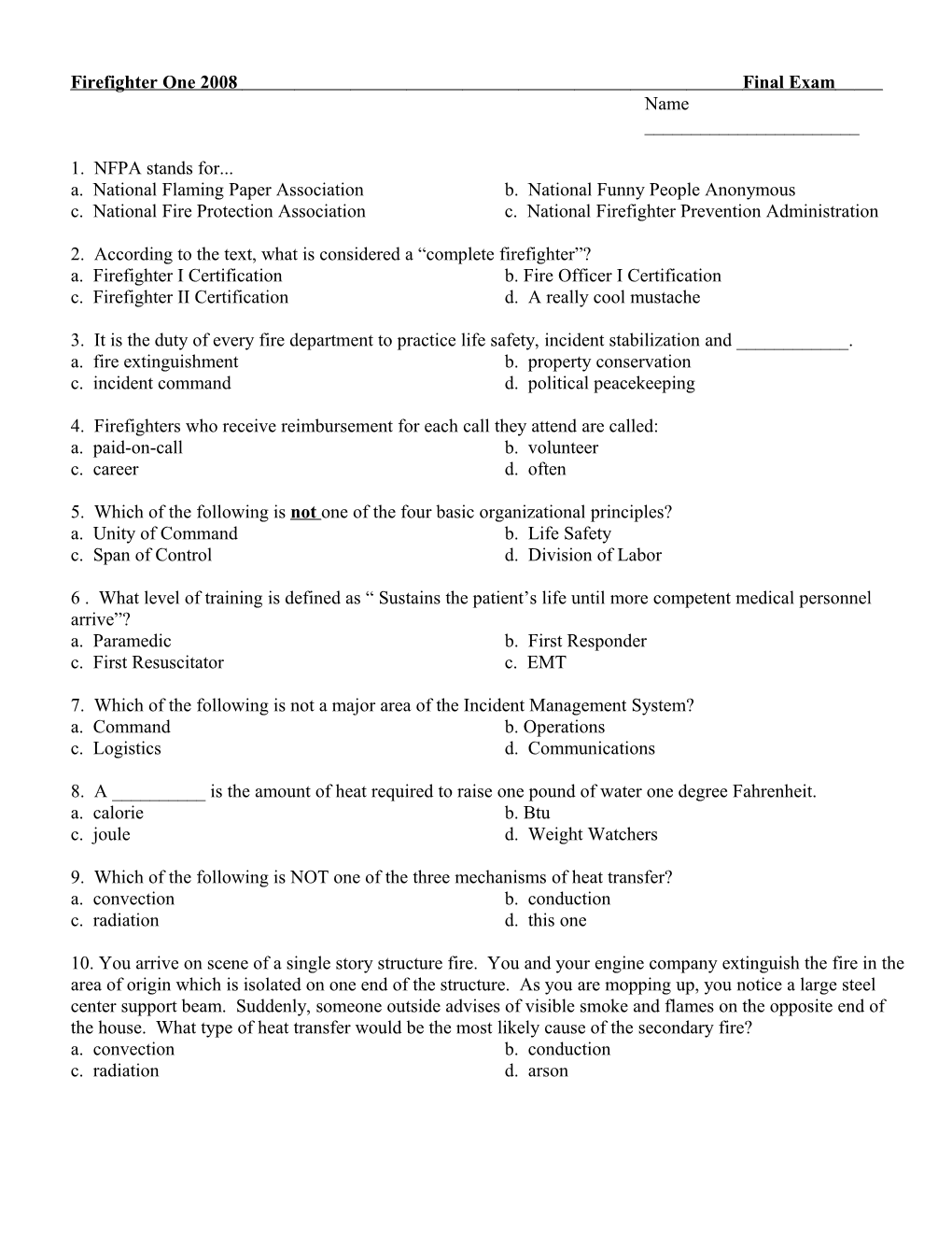 Firefighter One 2008 Final Exam