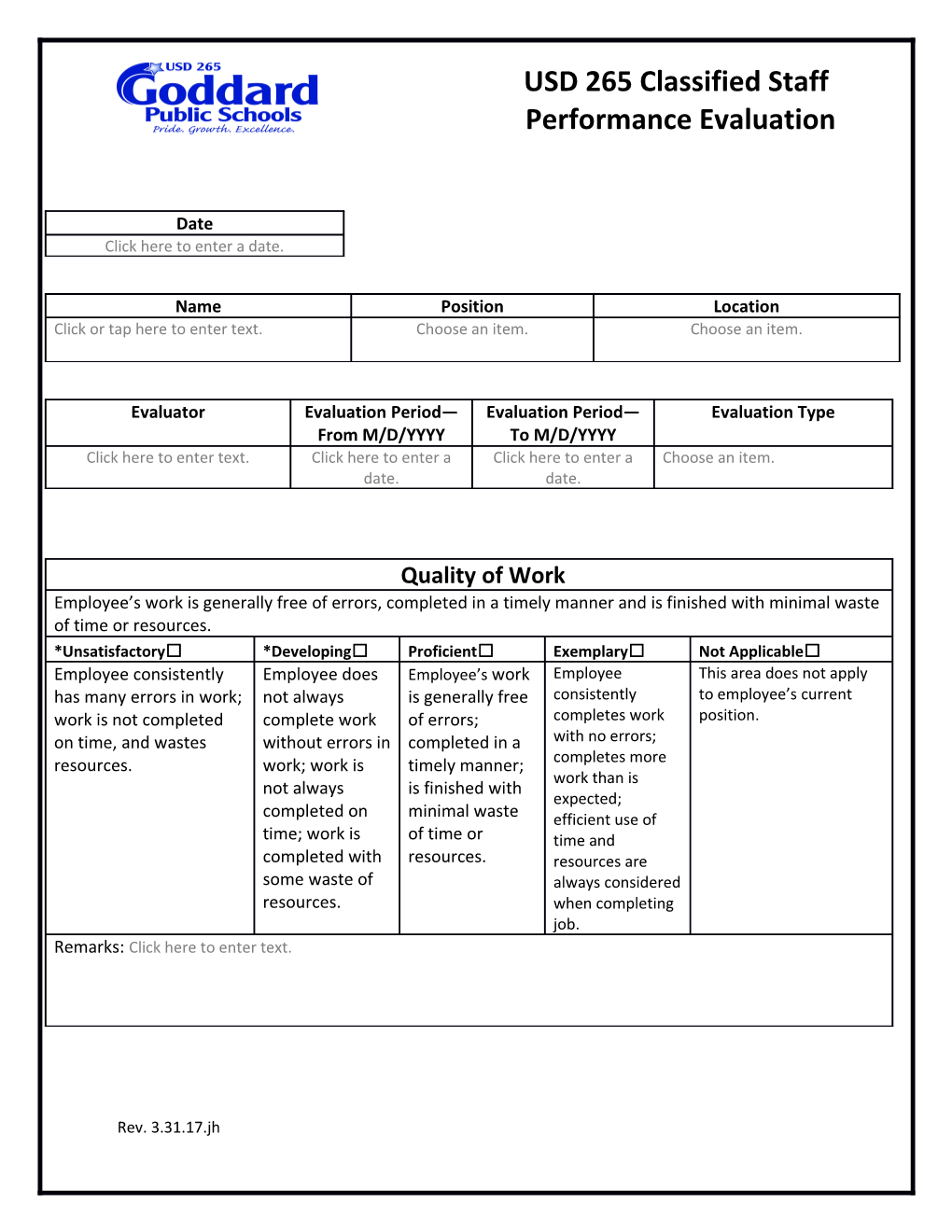 Goddard Public Schools Classified Performance Evaluation