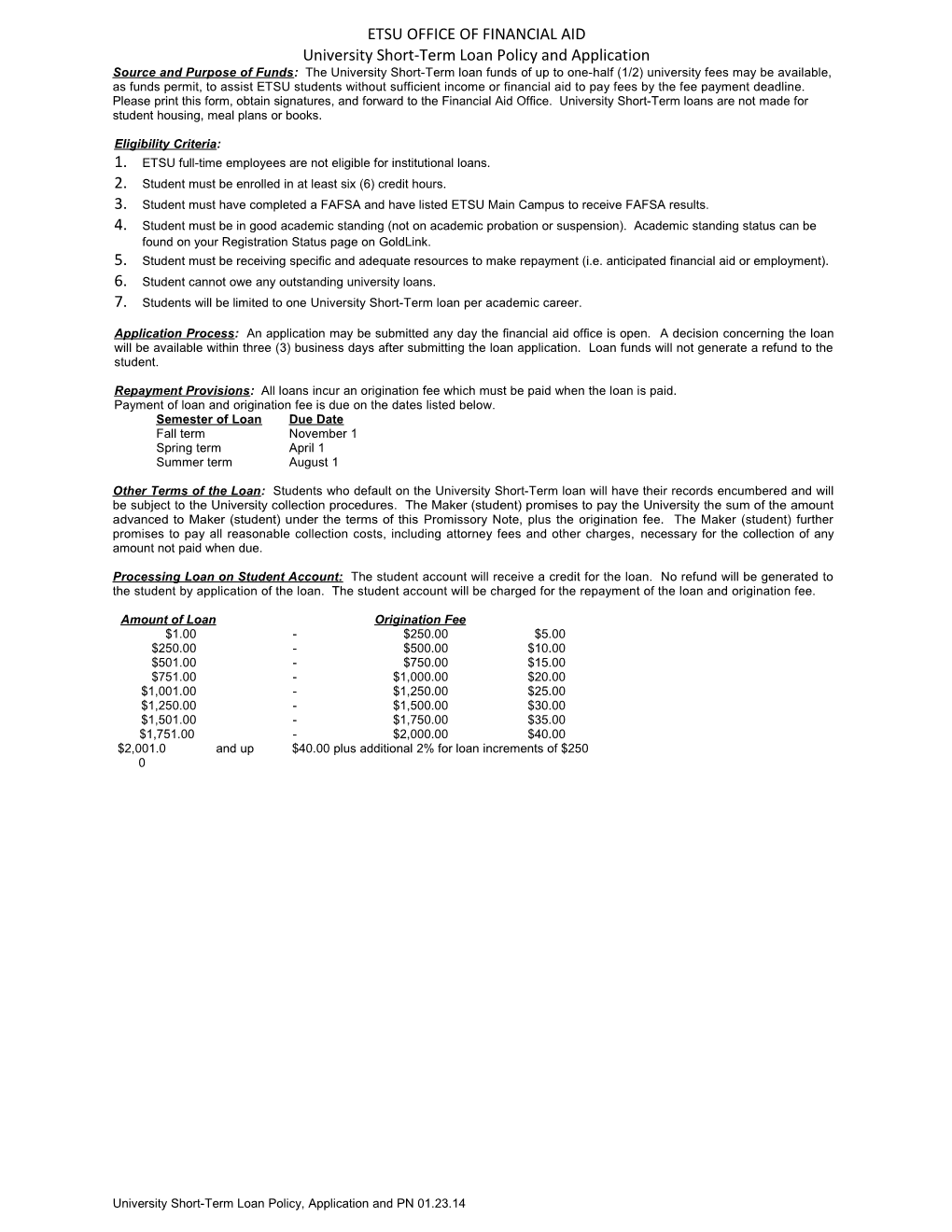 University Short-Term Loan Policy and Application