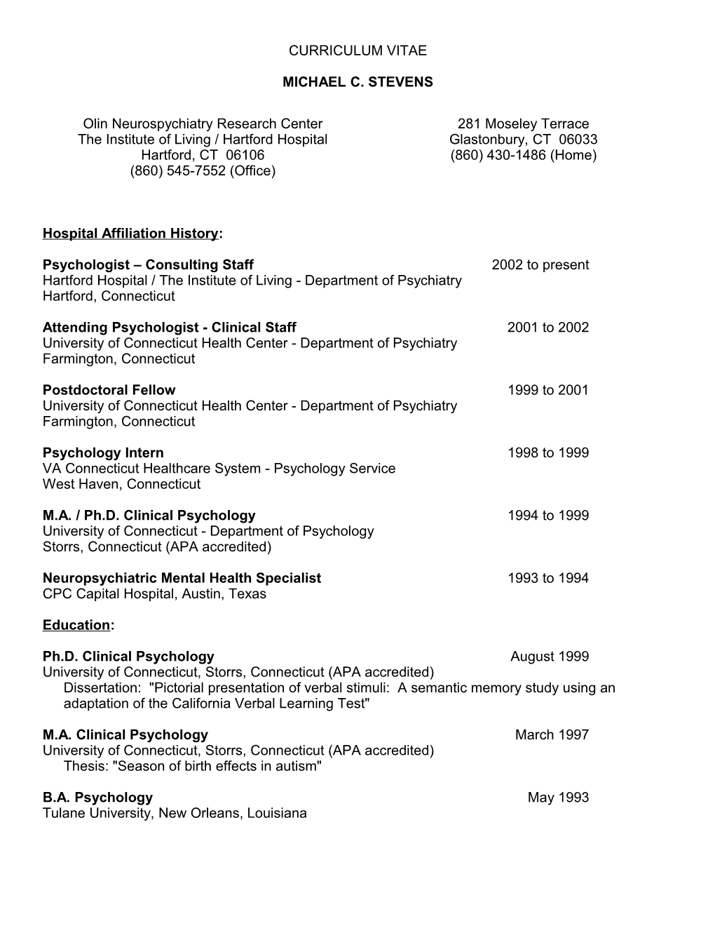 Hospital Affiliation History