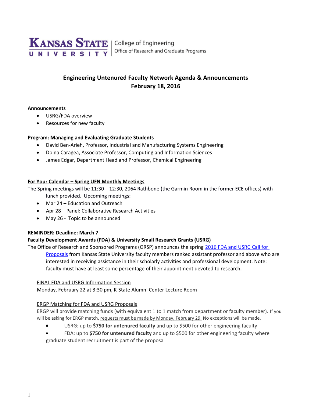 Engineering Untenured Faculty Network Agenda & Announcements