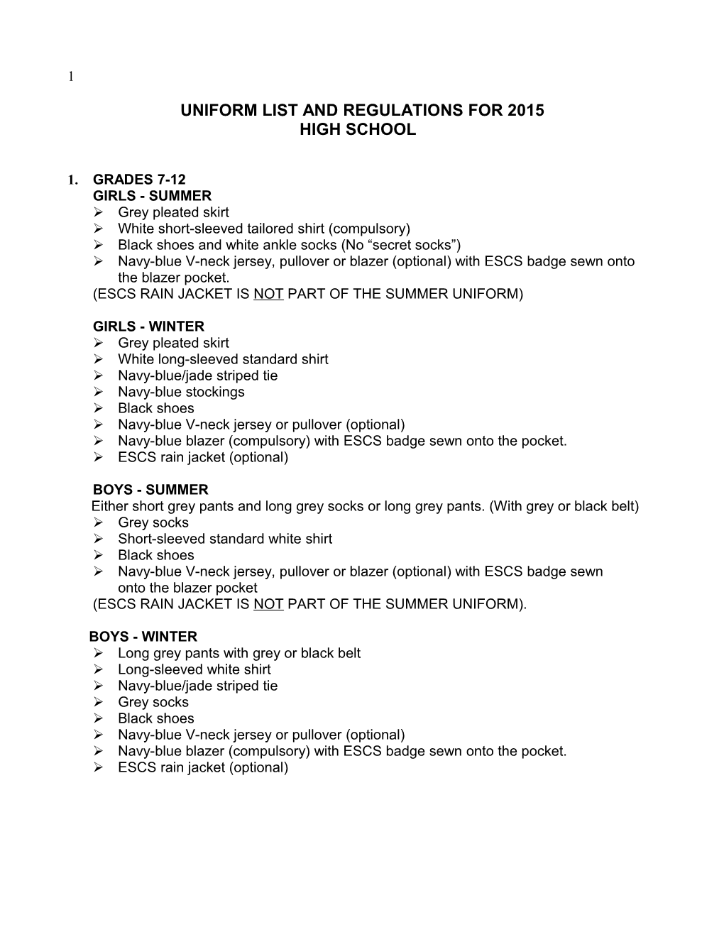 Uniform List and Regulations for 2015