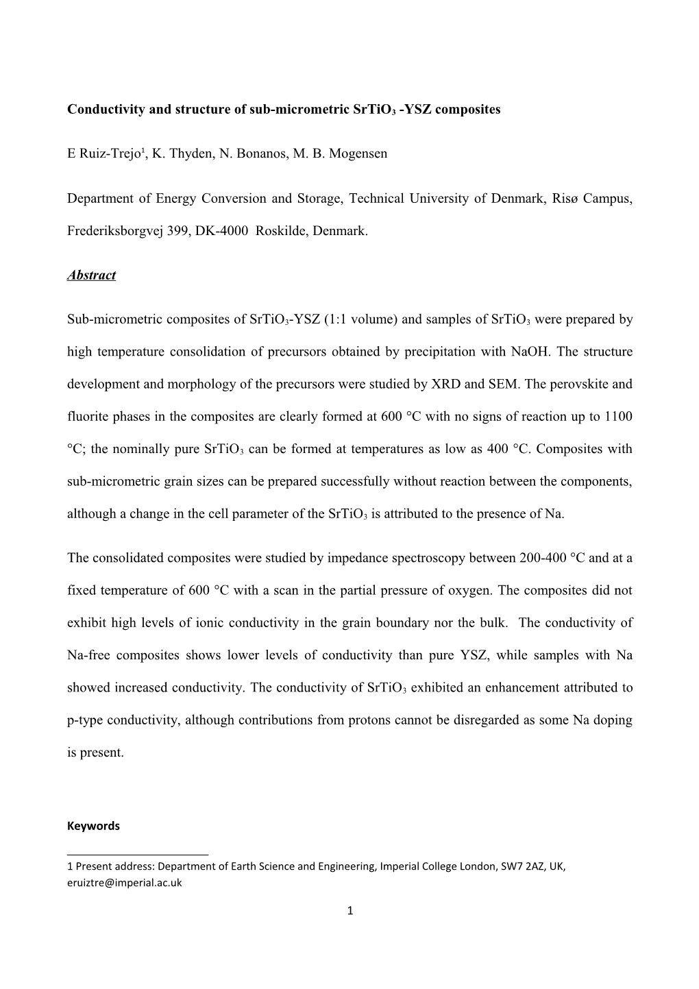 Synthesis and Characterisation of Composites of Srtio3 and YSZ