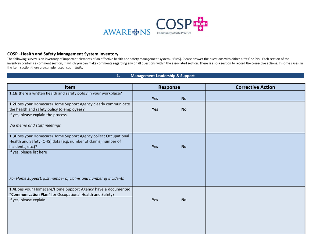 COSP Health and Safety Management System Inventory