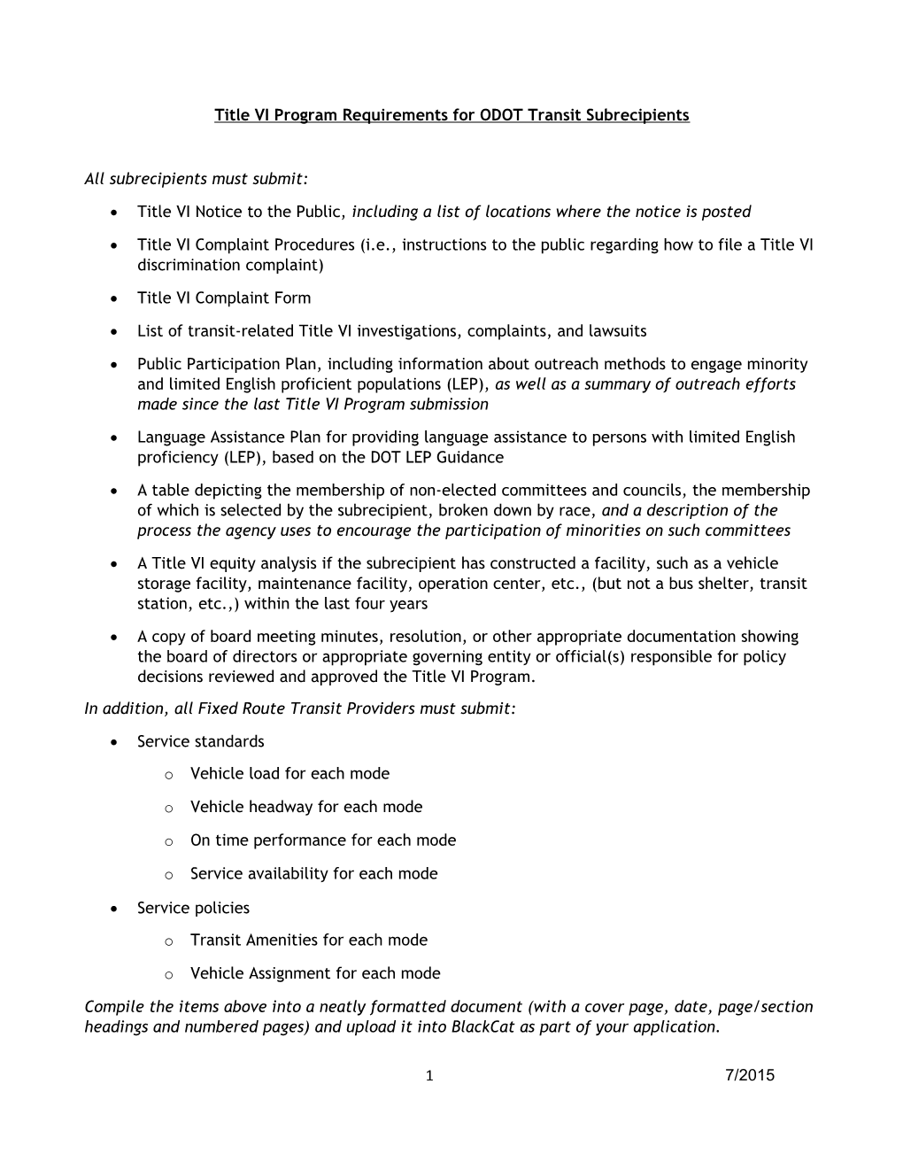 Title VI Program Requirements for ODOT Transit Subrecipients