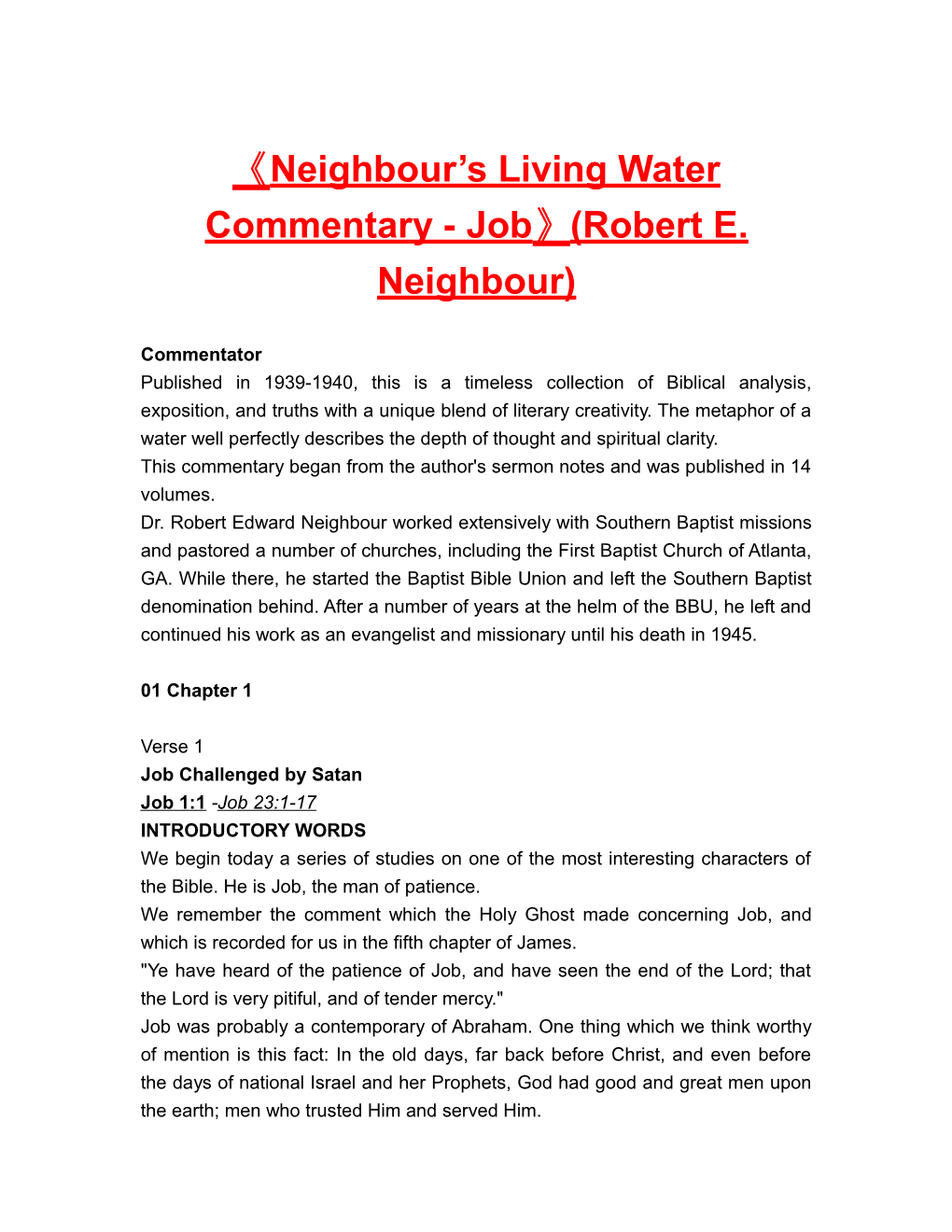 Neighbour S Living Water Commentary - Job (Robert E. Neighbour)