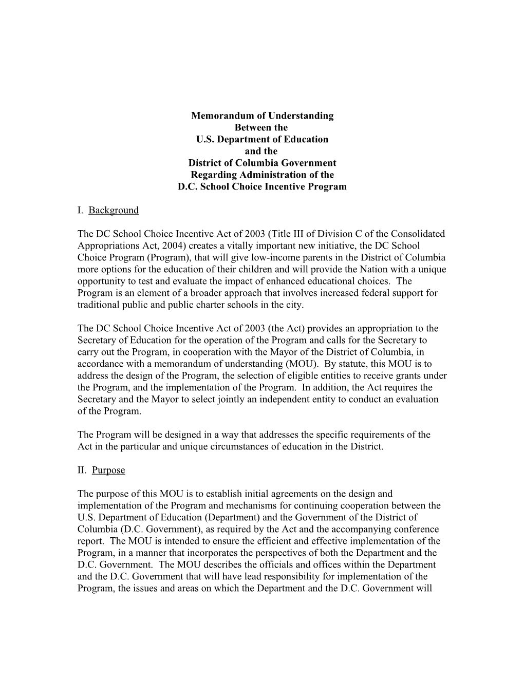 Memorandum of Understanding DC School Choice Incentive Program (Msword)