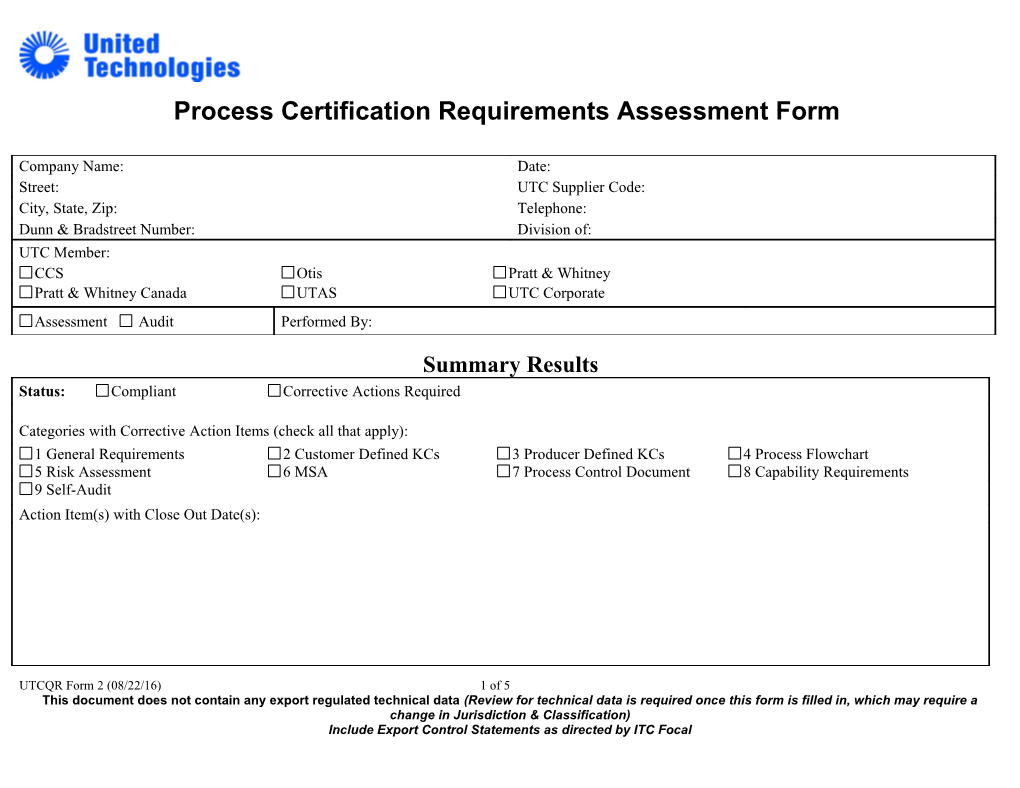 UTCQR Form 2 (Process Certification Requirements Assessment/Audit Form)