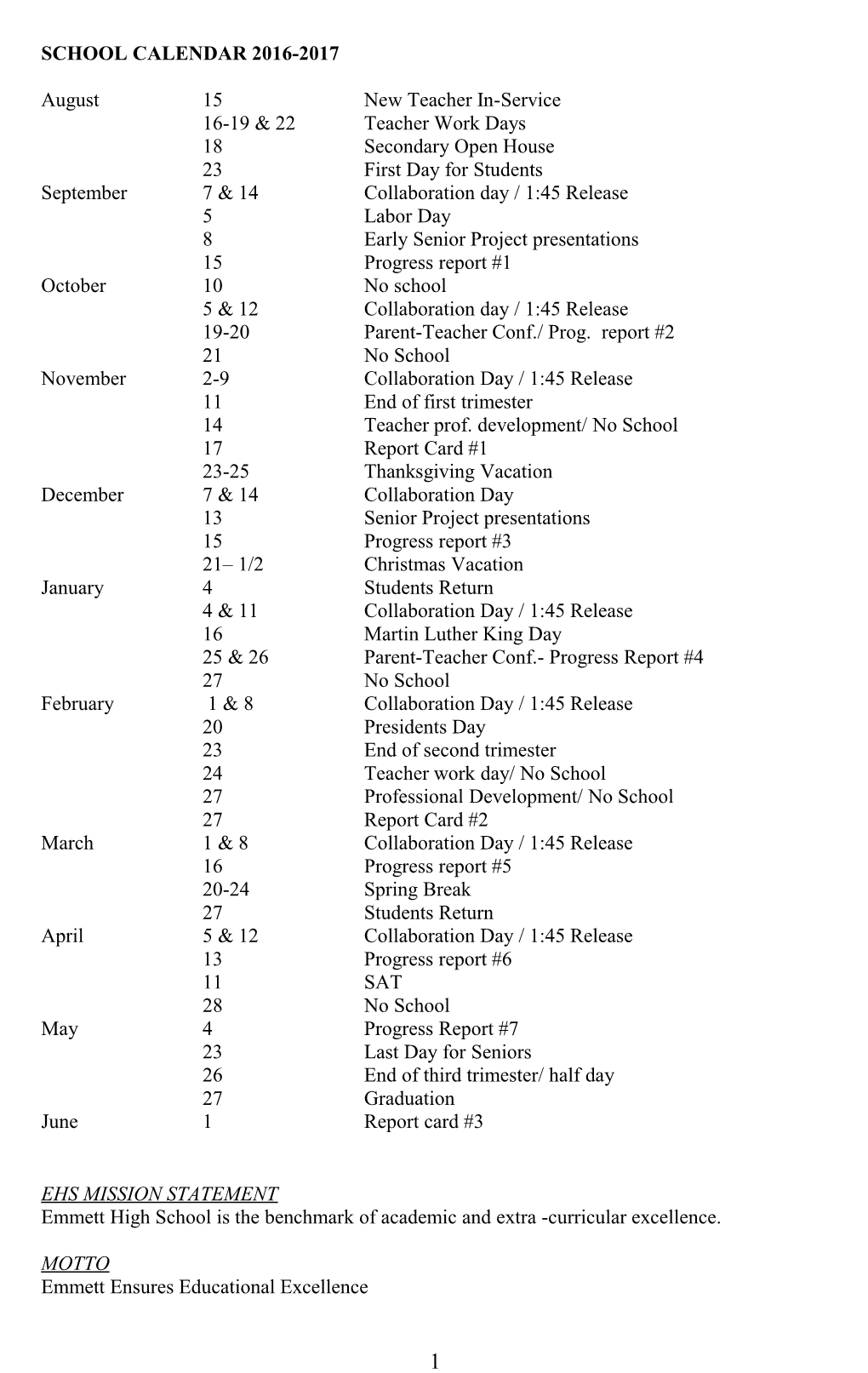 School Calendar 2016-2017