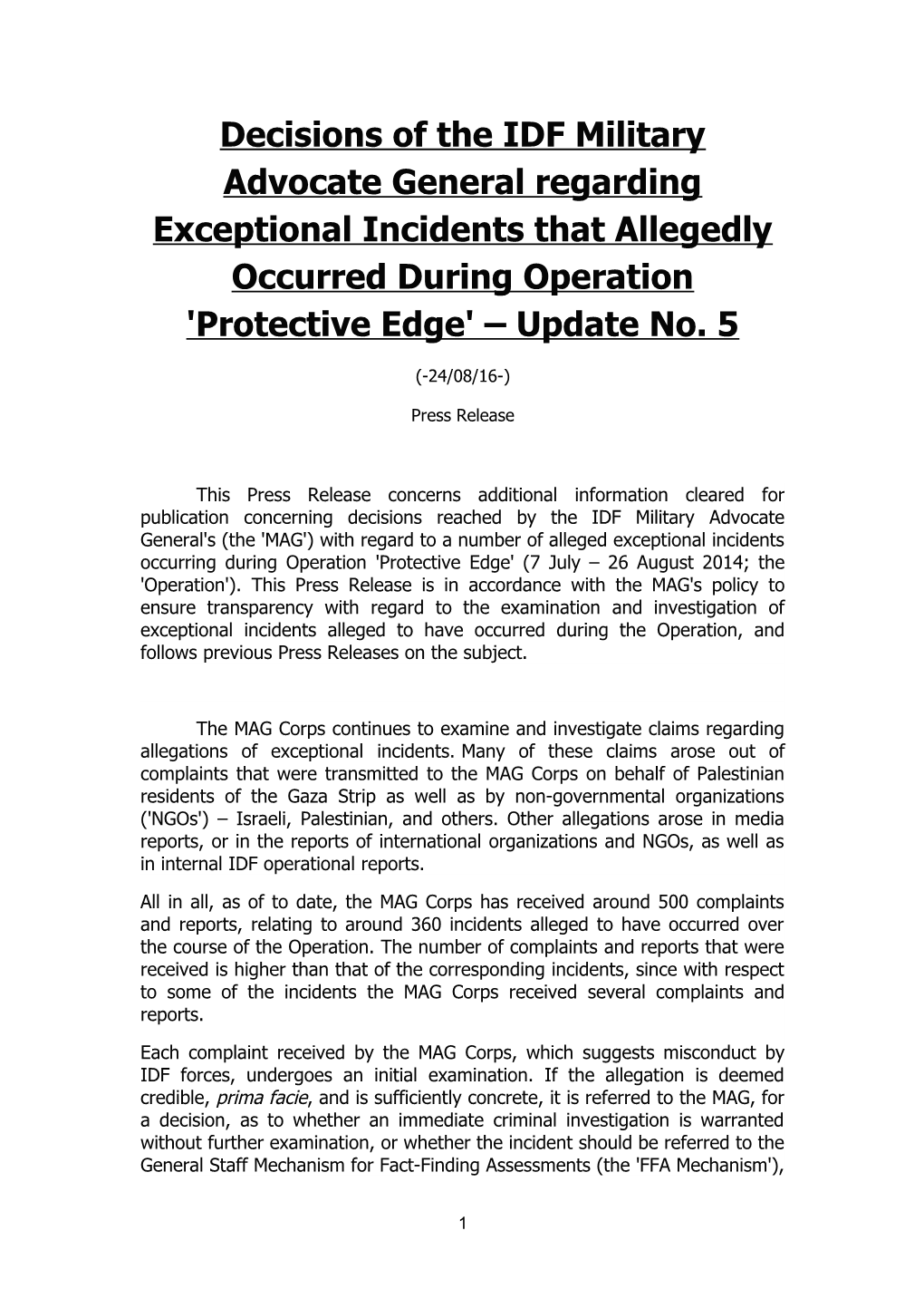 Decisions of the IDF Military Advocate General Regarding Exceptional Incidents That Allegedly