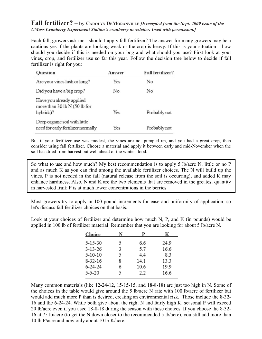 Fall Fertilizer? Bycarolyn DEMORANVILLE Excerpted from the Sept. 2009 Issue of the Umass