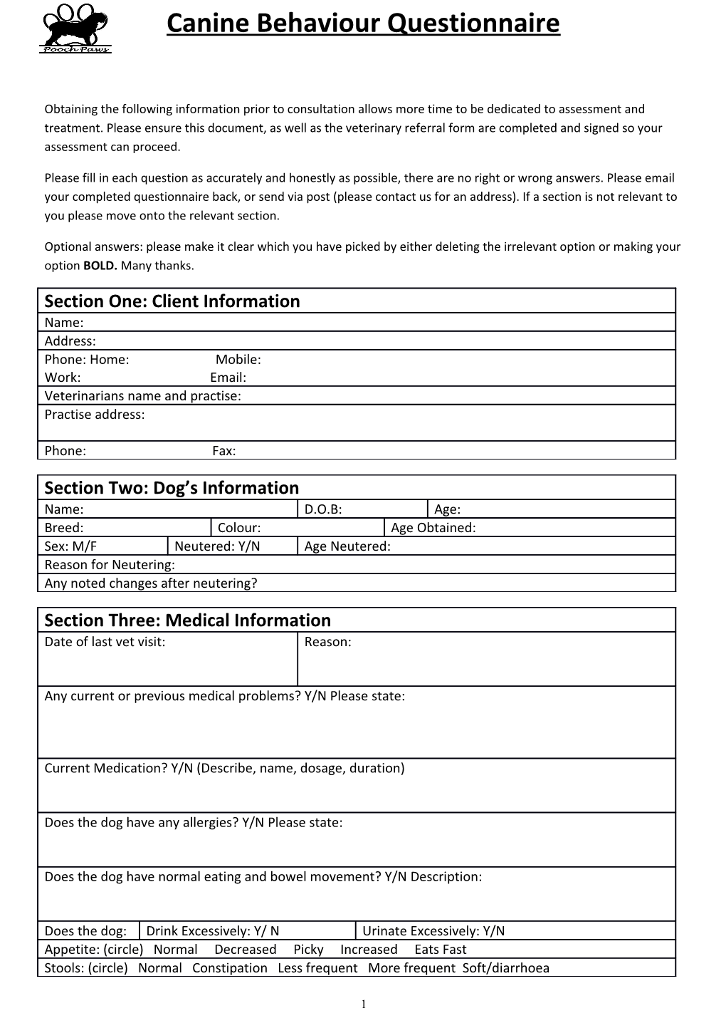 Canine Behaviour Questionnaire