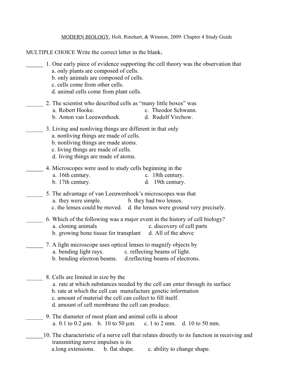 Modern Biology, Holt, Rinehart, & Winston, 2009: Chapter 4 Study Guide