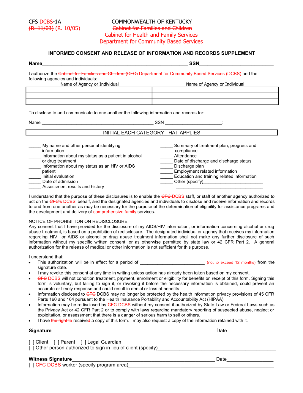 Cfs Dcbs-1A Commonwealth of Kentucky