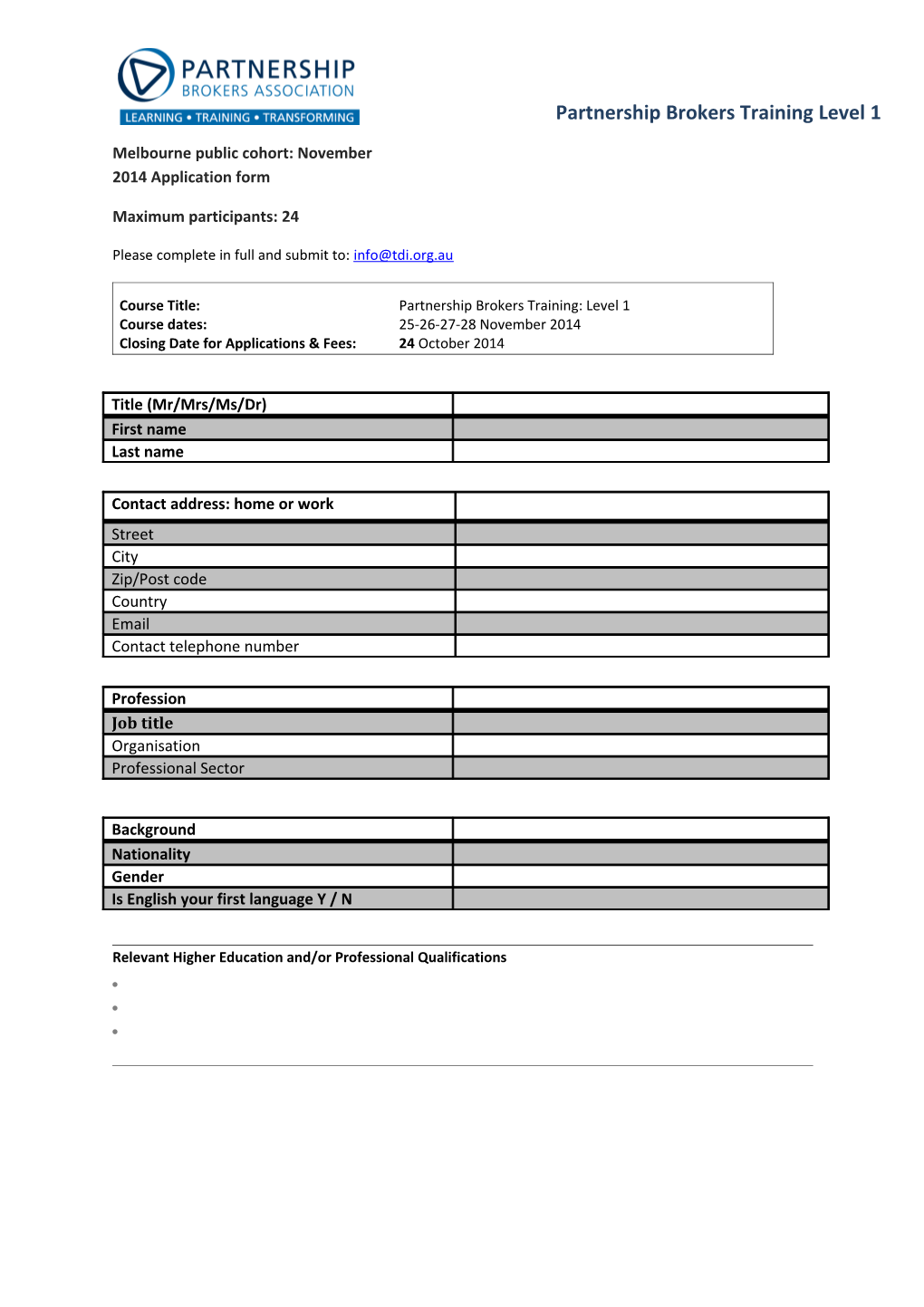 Melbournepublic Cohort:November2014application Form