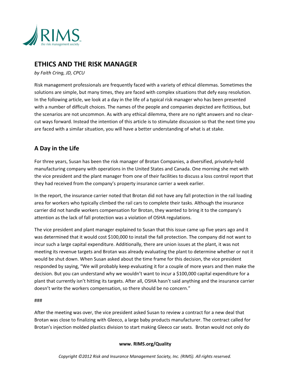 RIMS Principles of Risk Management Case Studiespage 1