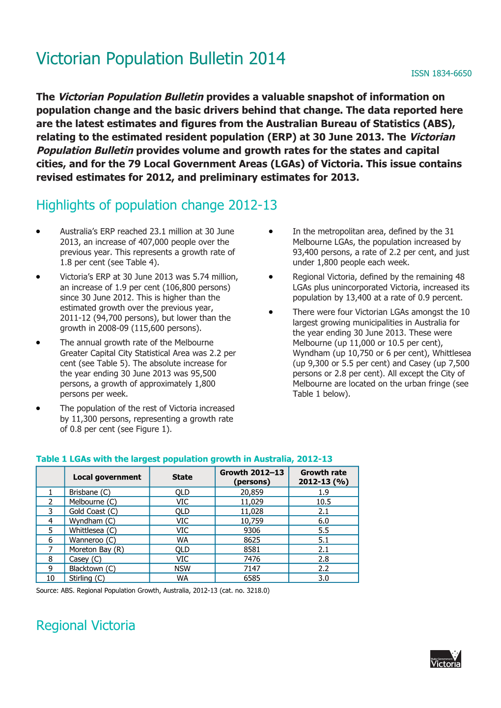 Victorian Population Bulletin 2014