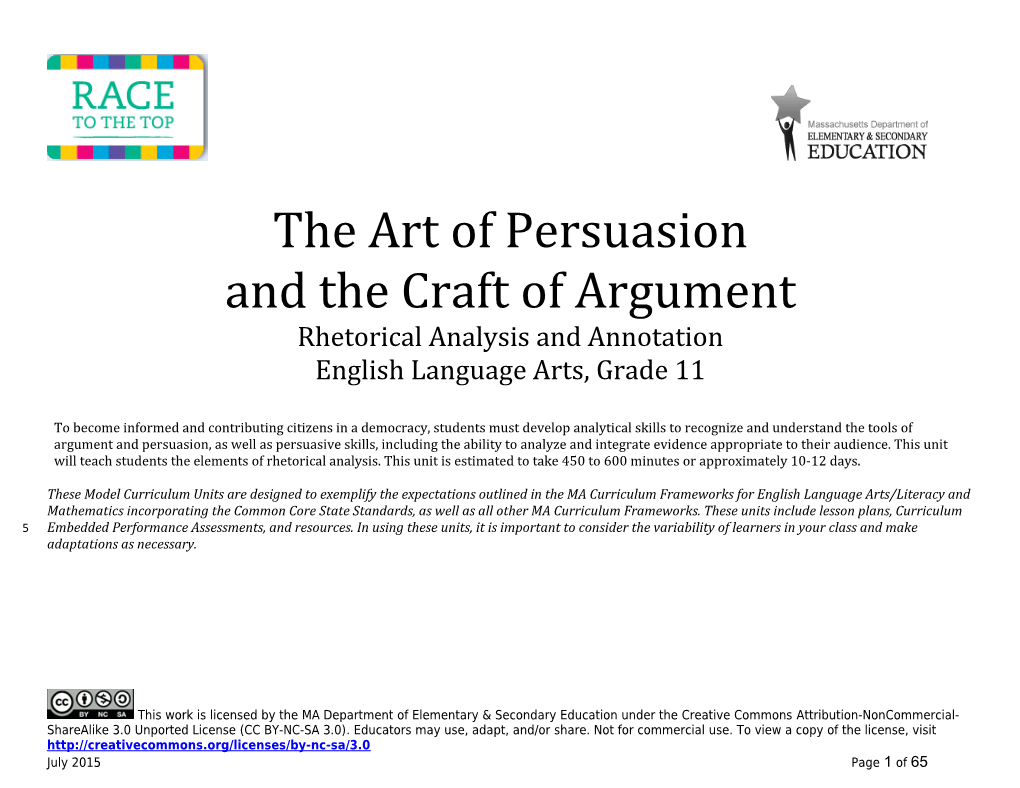 ELA Grade 11 Persuasion and Argument - Model Curriculum Unit