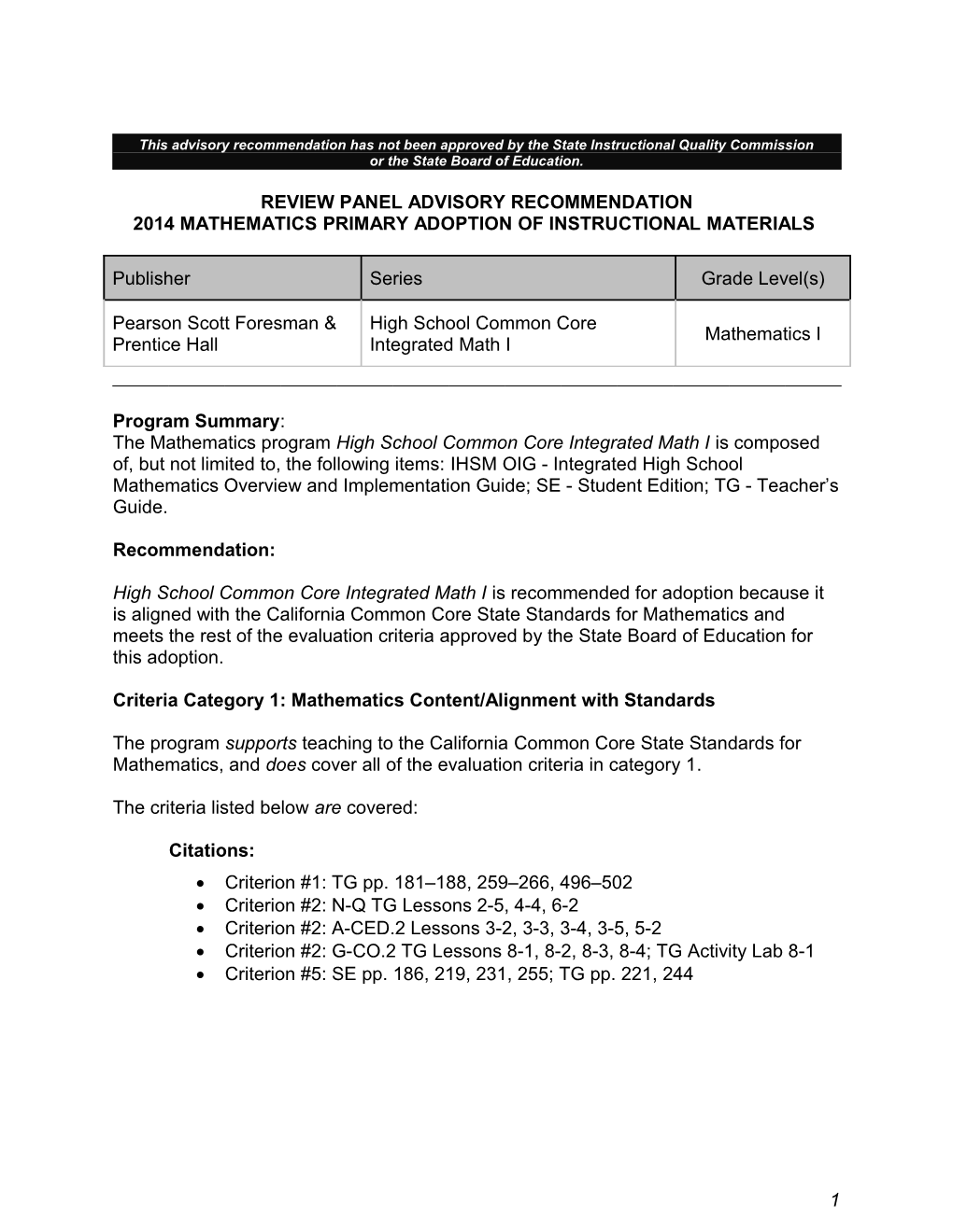 2014 Pearson Integrated Math - Instructional Materials (CA Dept of Education)