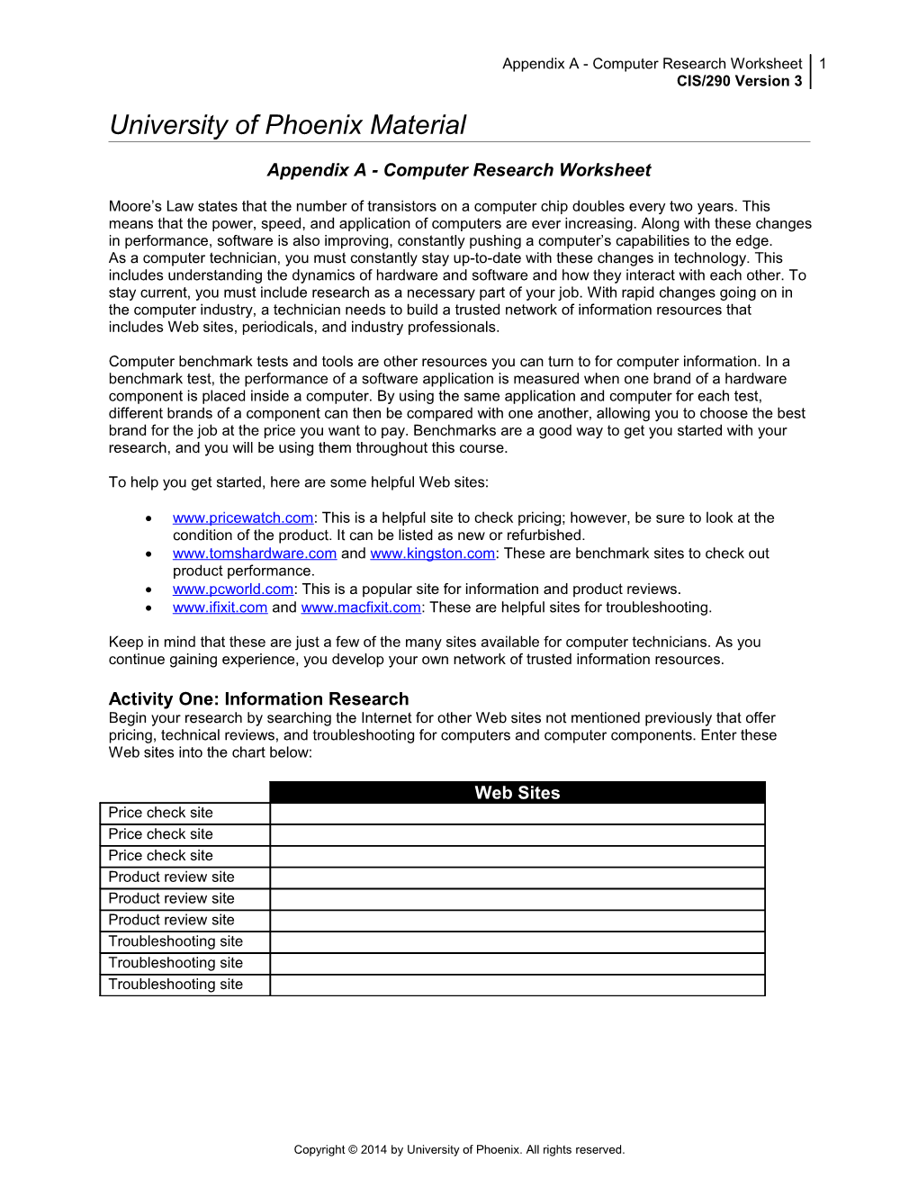 Appendix a - Computer Research Worksheet