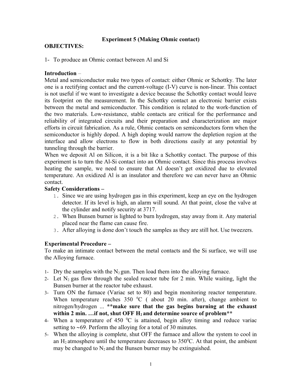 Experiment 5 (Making Ohmic Contact)