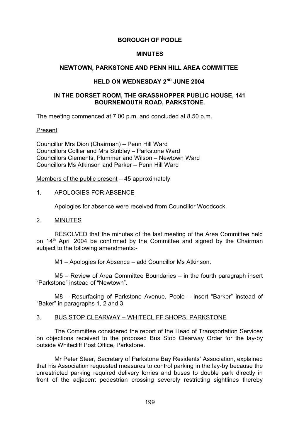 Minutes - Newtown, Parkstone and Penn Hill Area Committee - 2Nd June 2004