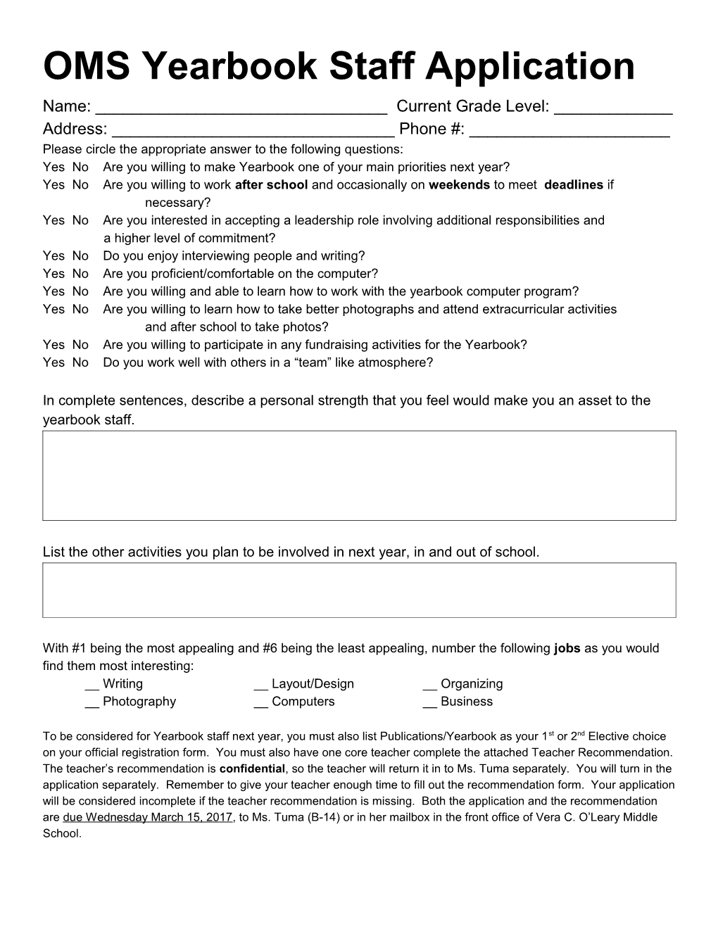 OMS Yearbook Staff Application