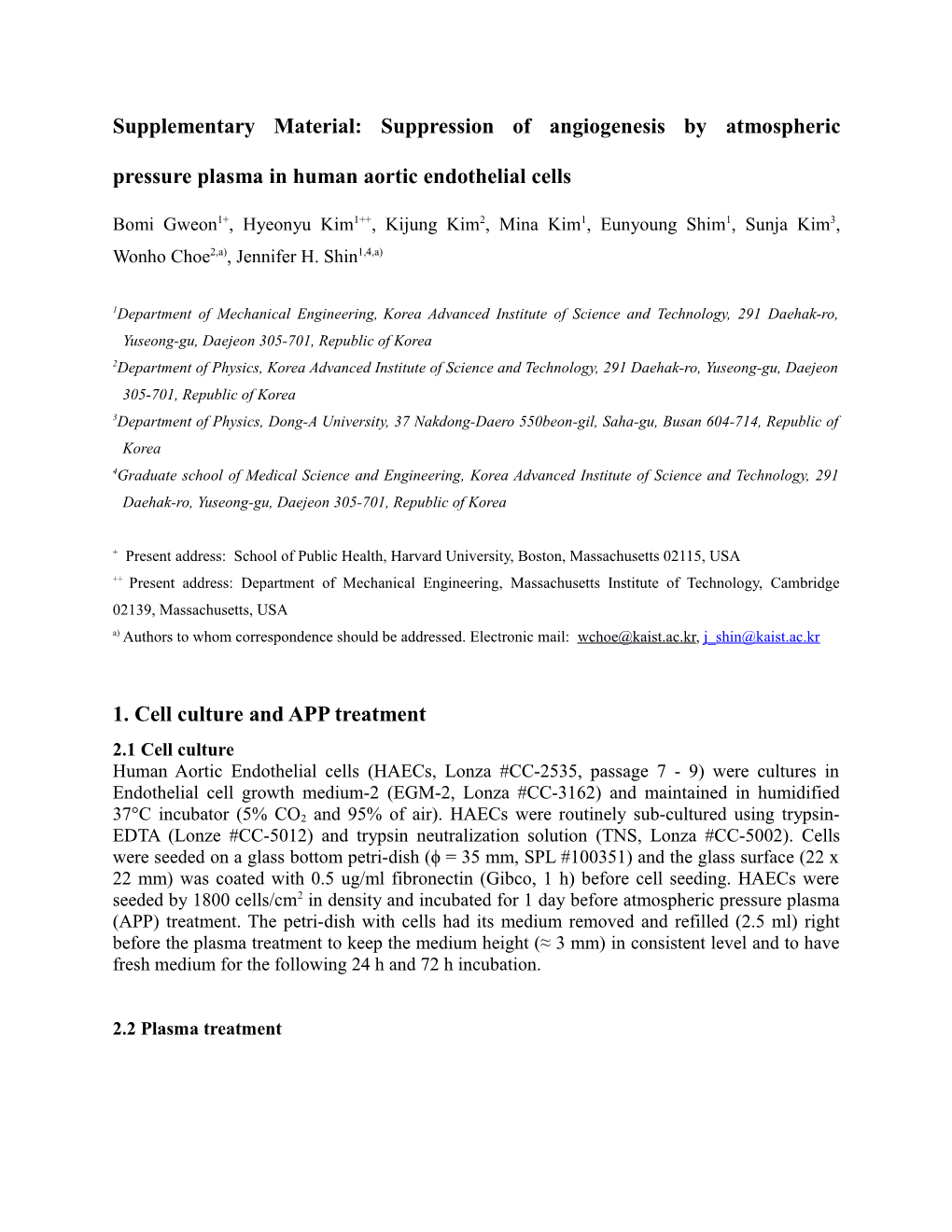 Supplementary Material : Suppression of Angiogenesis by Atmospheric Pressure Plasma In