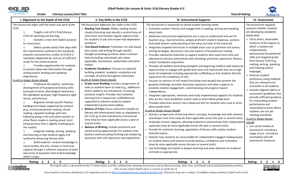 ELA Equip Rubric for Lessons& Units K-2
