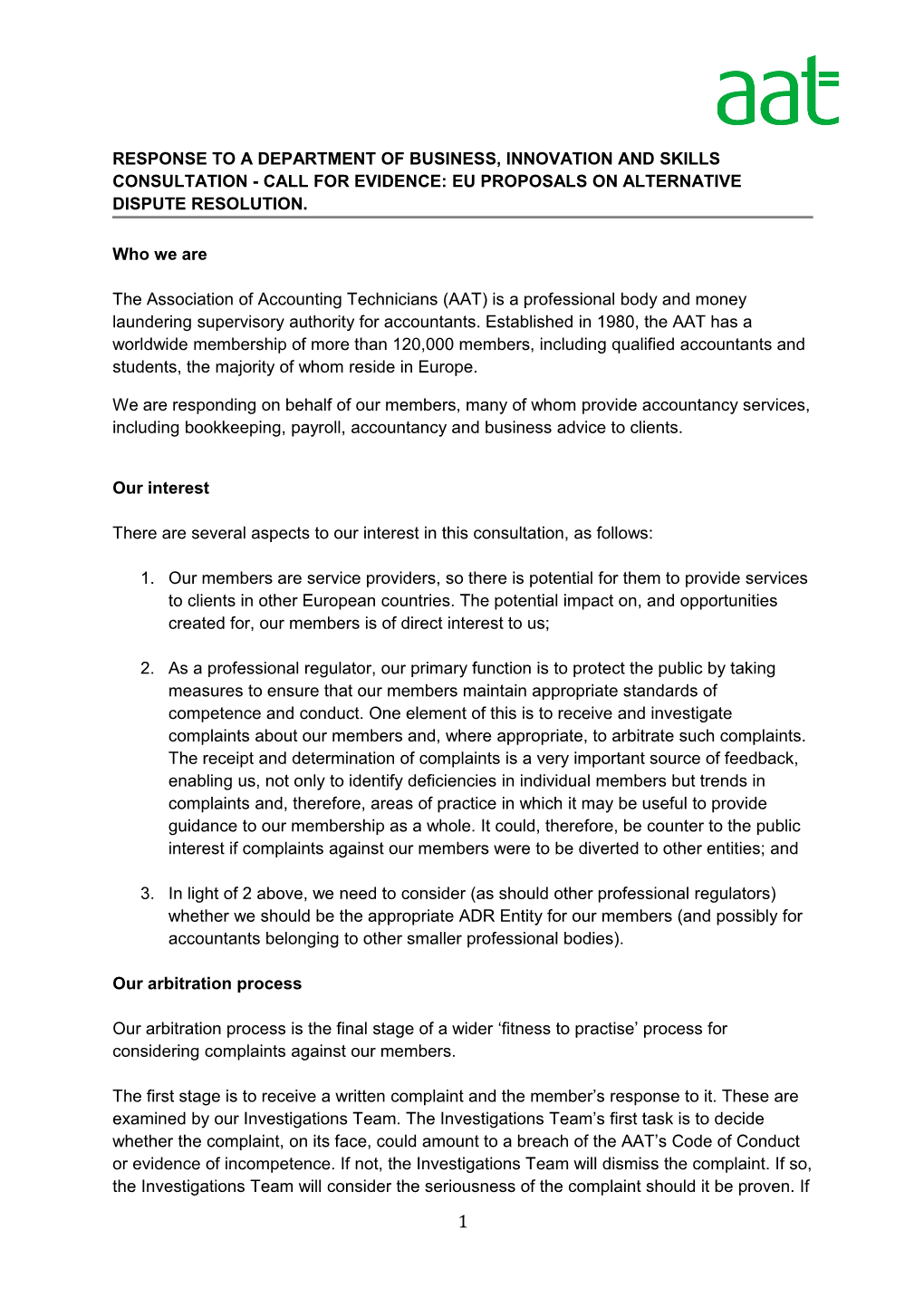 The Association of Accounting Technicians (AAT): a Response to a BIS Consultation