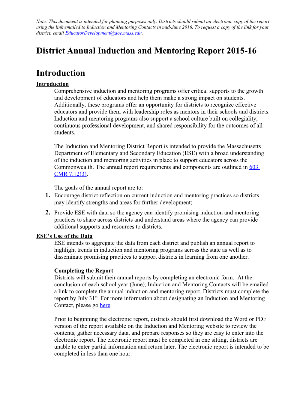 District Annual Induction and Mentoring Report 2015-16