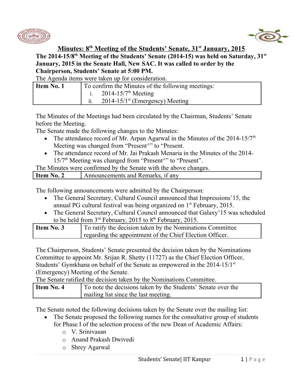 Minutes: 8Thmeeting of the Students Senate, 31St January, 2015