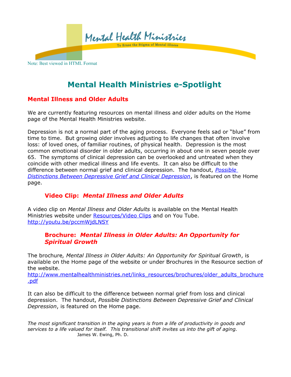 Mental Health Ministries E-Spotlight - November 2007